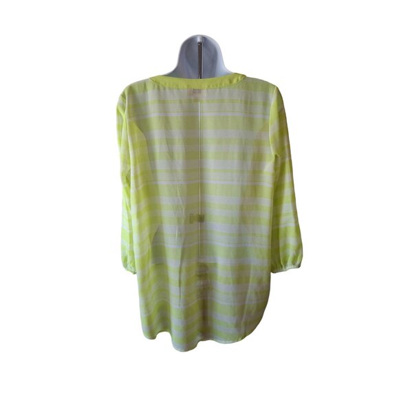 Ann Taylor Loft Womens Blouse Medium Sheer Lime Green Striped V Neck Lagenlook - Picture 2 of 6